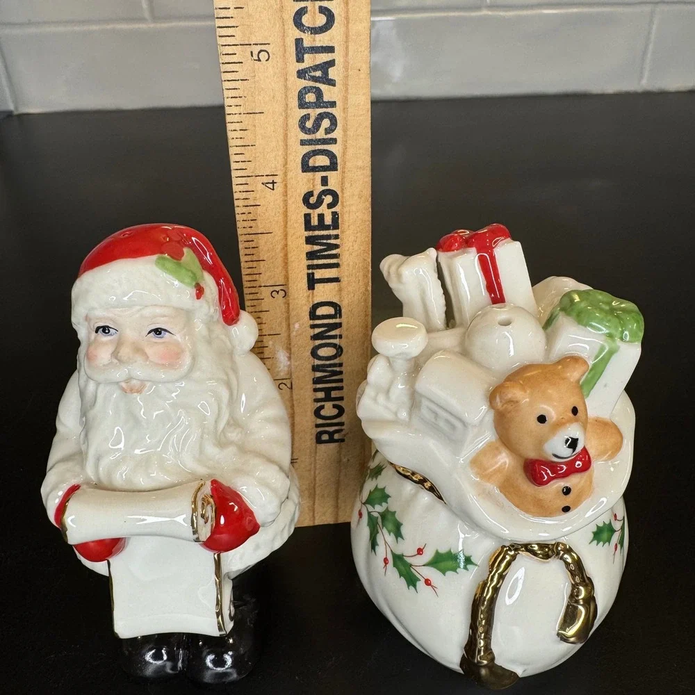 Lenox Salt and Pepper Shakers Holiday Santa Toy Sack White Red Gold Trim